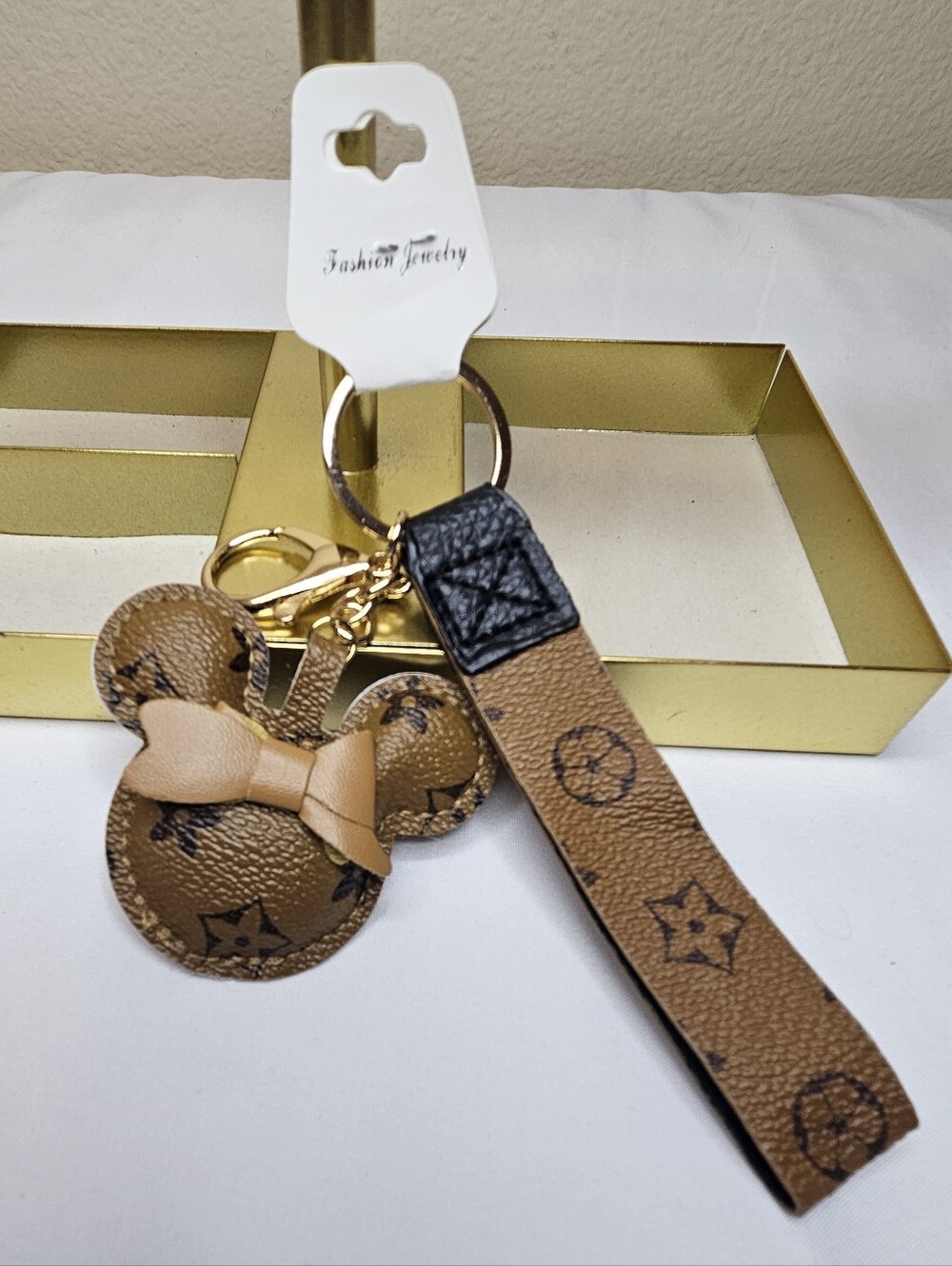 Mouse Monogram Print Keychain & Wristlet Strap Purse Charm NWT Tan Light Brown